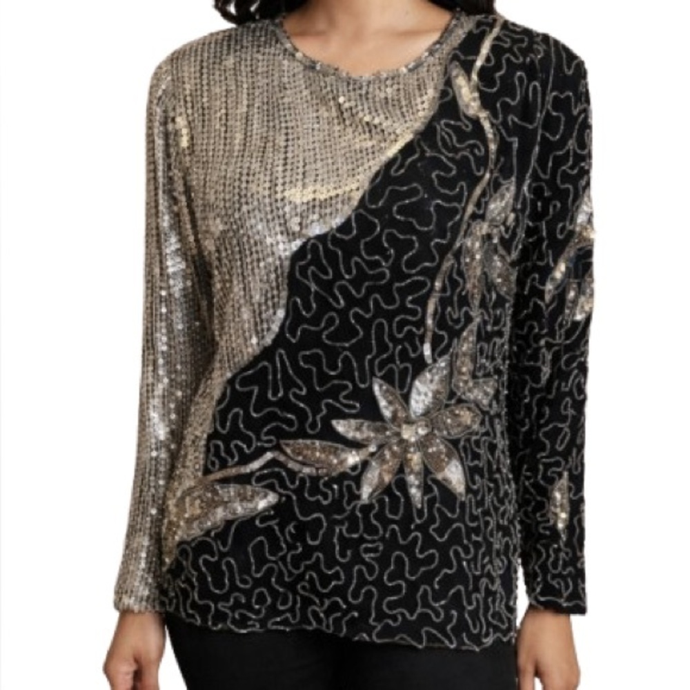 Vtg Silk Sequin Beaded Evening Mob Wife Art Deco Blouse Jean for Joseph Le Bon L